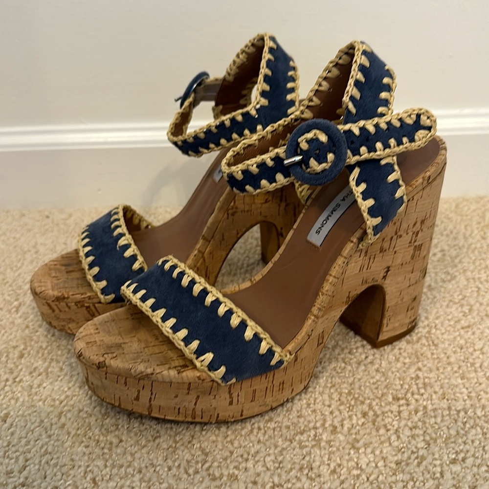 Platform Cork Sandal - blue suede and woven straps size 37